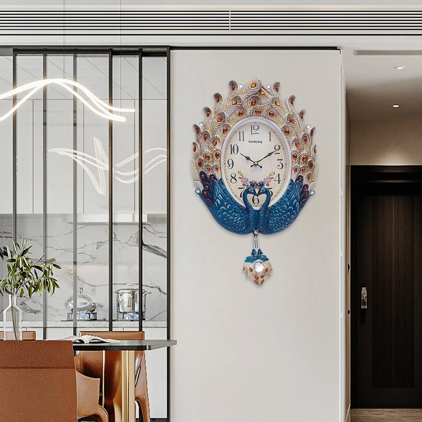NONED Peacock Wall Clock Modern Pendulum Crystal Accents