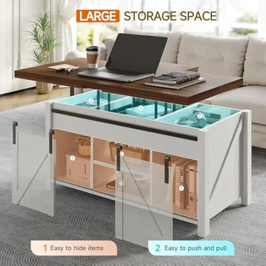 Farmhouse Lift Top Coffee Table with Sliding Barn Door and Hidden Storage