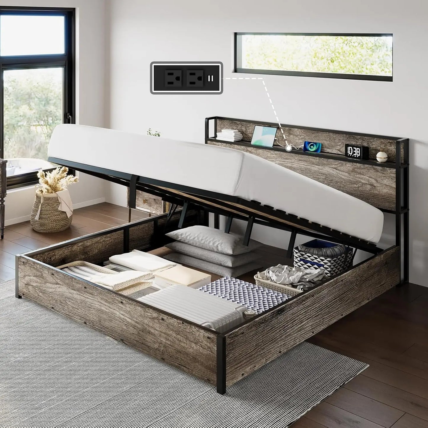 XIAOLANG Lift Up Storage Bed Frame With Charging Station