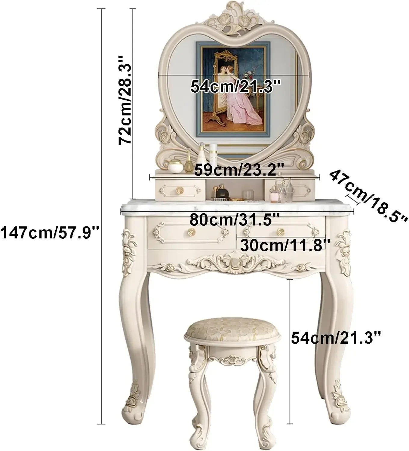 Stylish White Makeup Vanity with LED Touch Light Mirror and Cushioned Stool