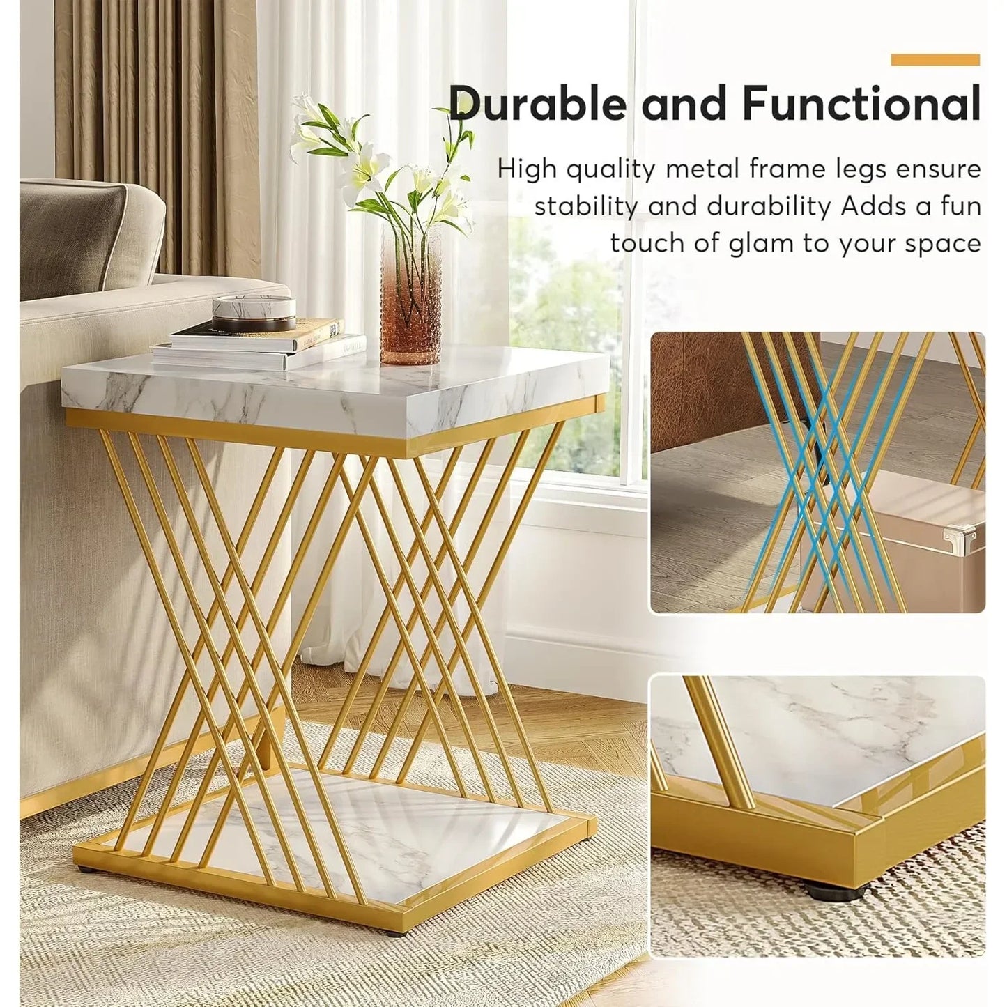 Modern White Gold Square End Table with Storage 2-Tier Faux Marble Design