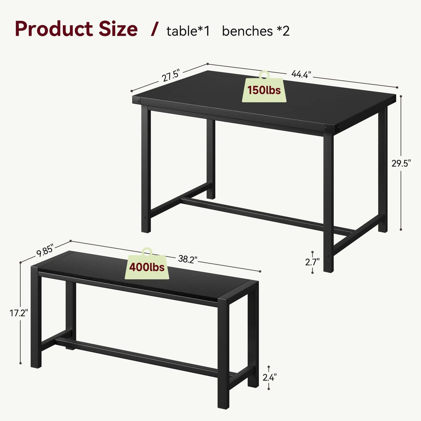 HiMISS Dining Table Set For 4 With Metalwood Benches