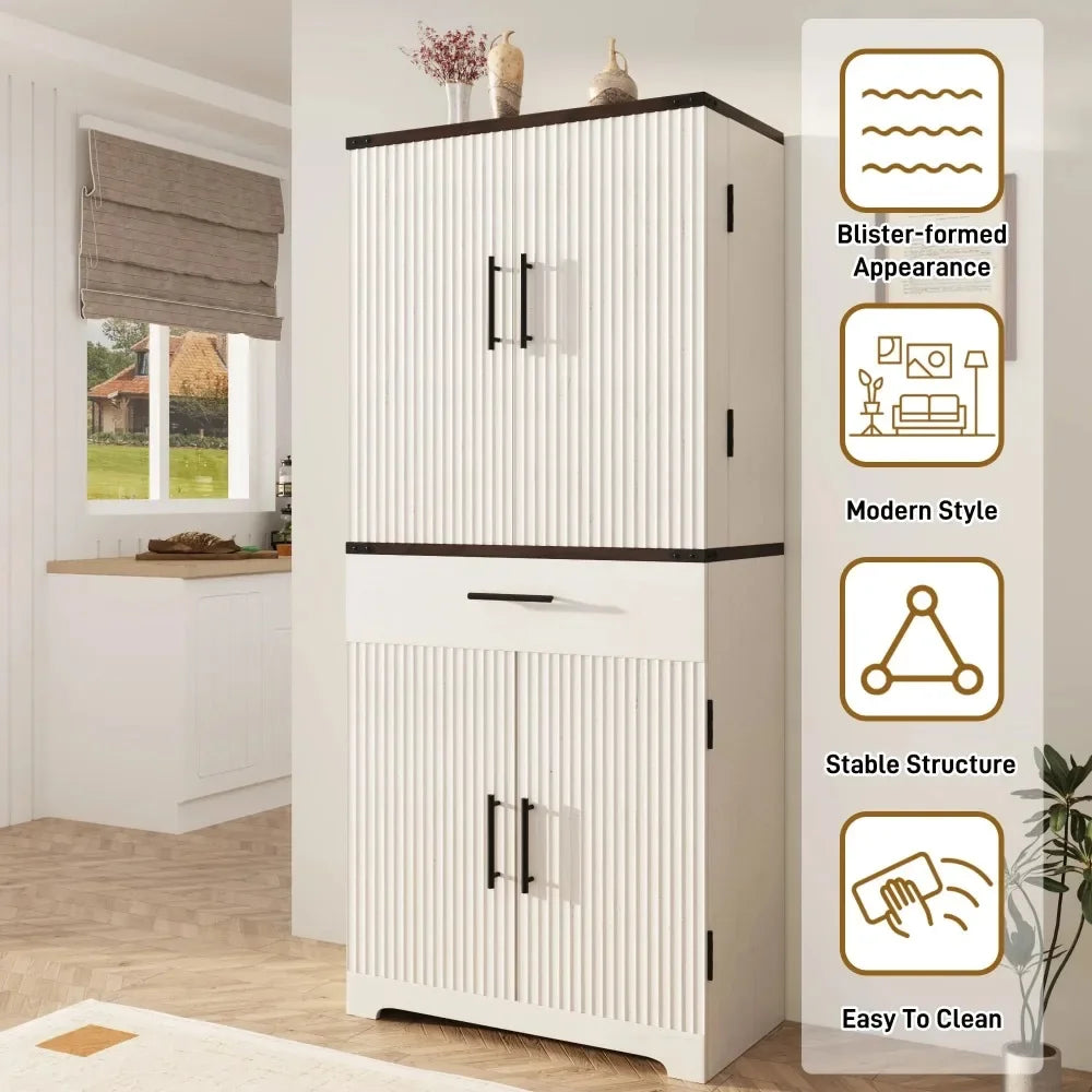71 Inch Tall Fluted Kitchen Pantry Cabinet with LED Light and Ample Storage