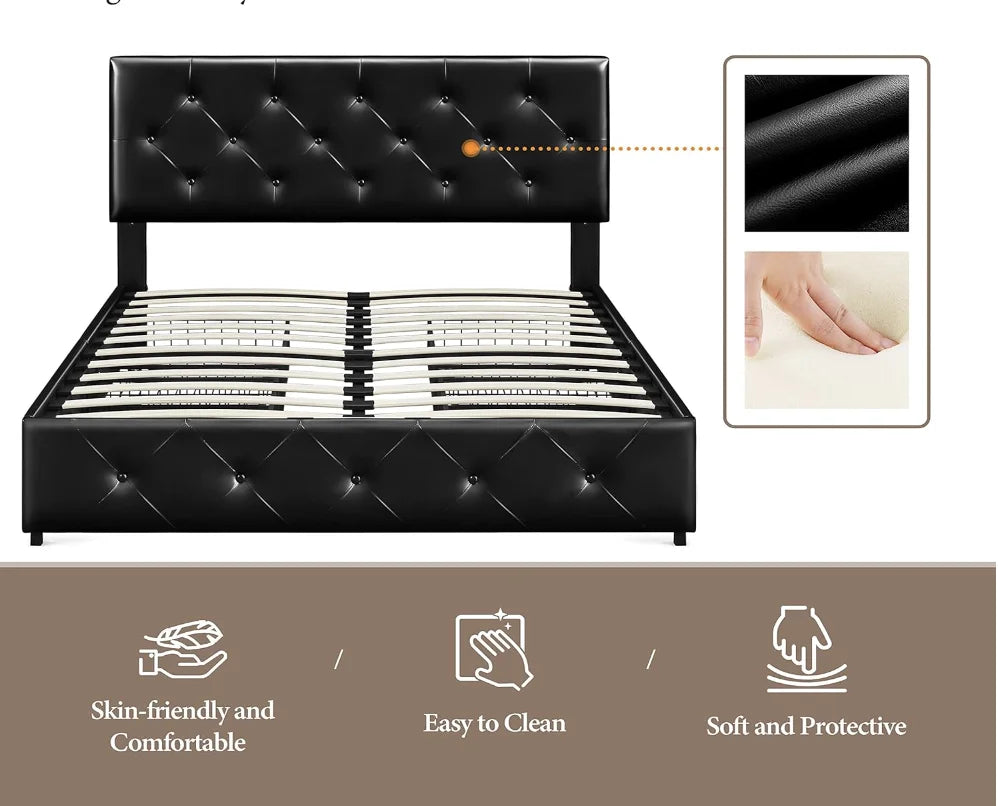 Queen Size Upholstered Bed Frame with Drawers and Adjustable Headboard