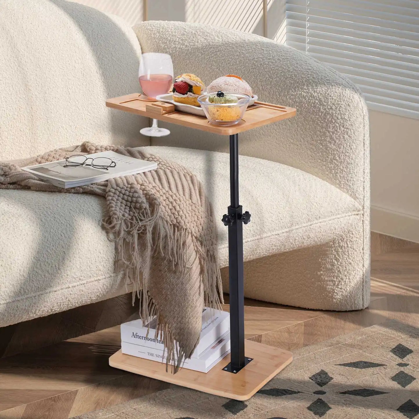 Adjustable Height Modern Sofa Side Table with Metal Frame and Wood Top