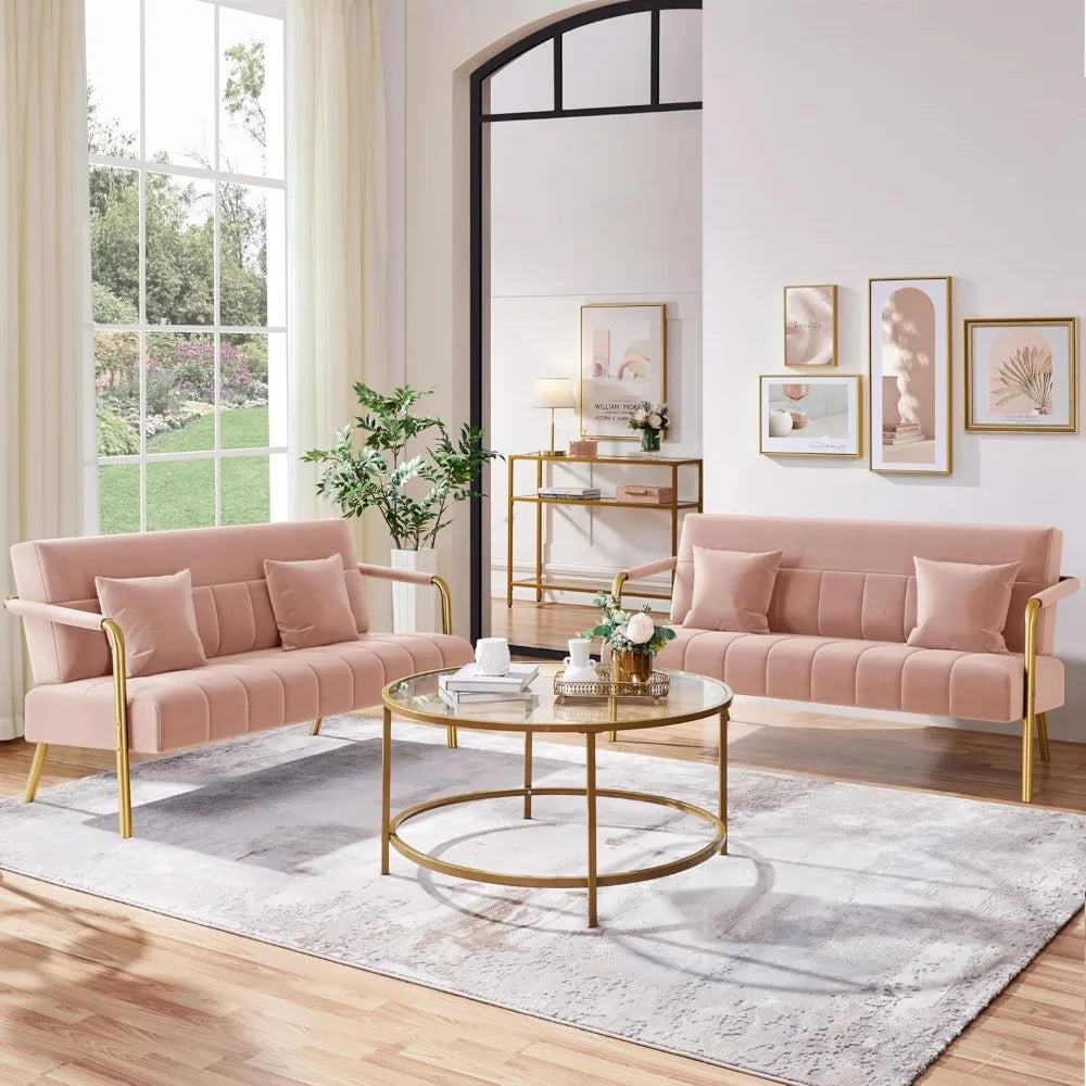 56.5 Inch Modern Velvet Sofa with Gold-Tone Metal Arms for Living Room