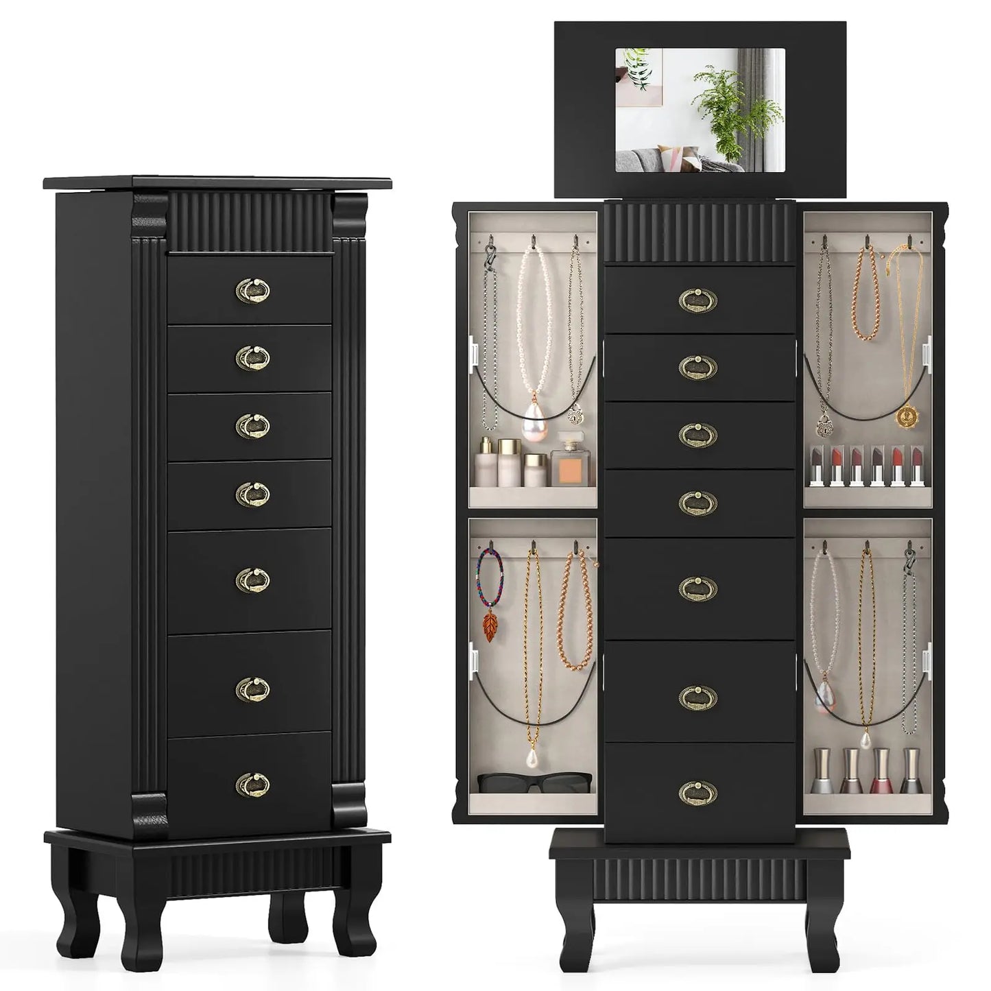 Standing Jewelry Armoire With Mirror Seven Drawers Wooden Cabinet