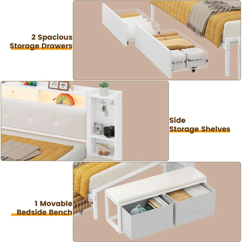 Corner Bed Frame With Storage Bench And Bookcase Headboard