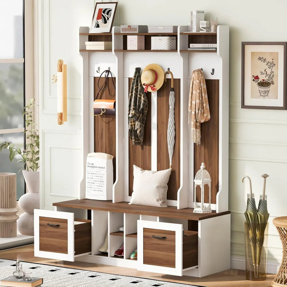 58.8 Inch Wide Hall Tree with Bench Coat Rack Hooks Drawers and Adjustable Shelves