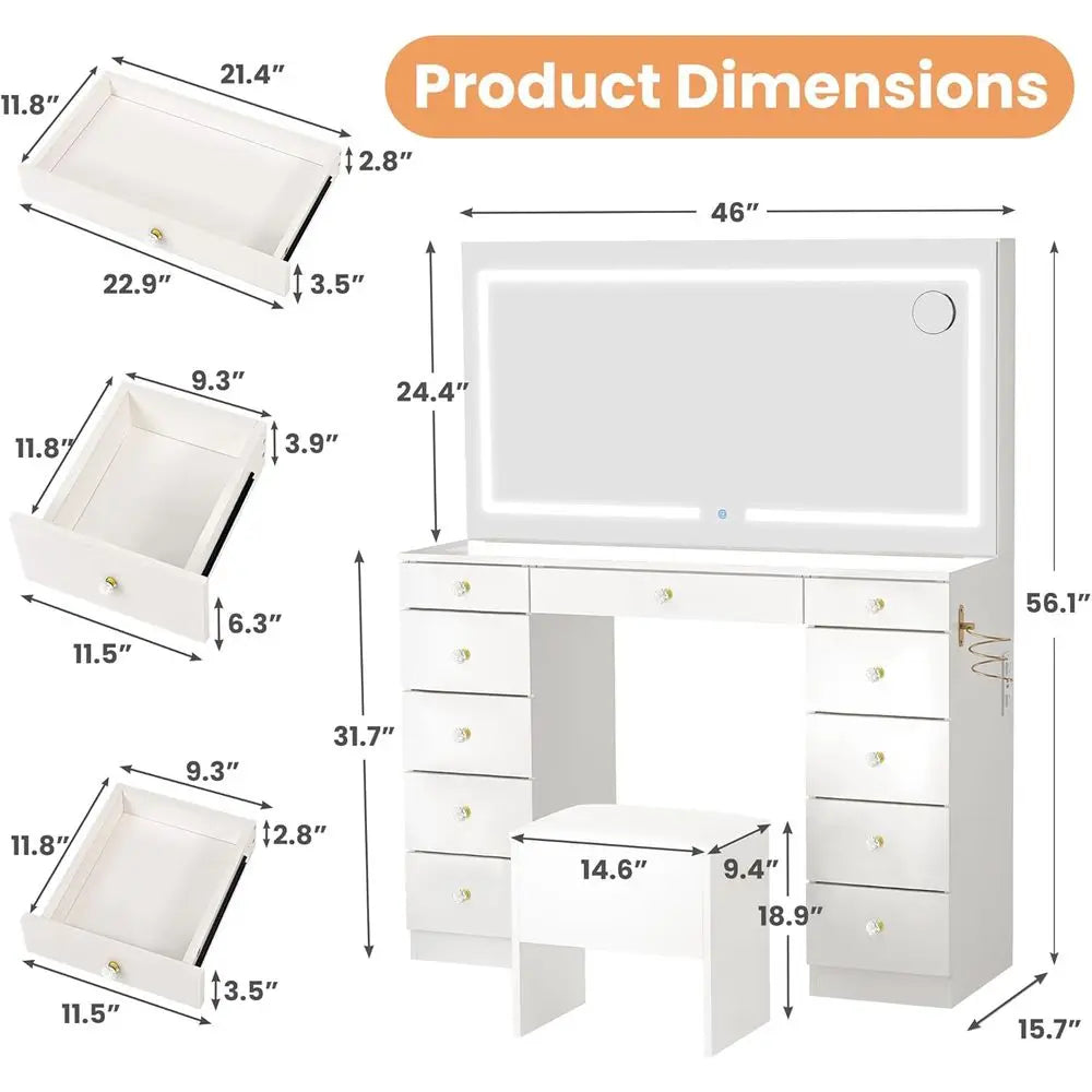 Glass Top Vanity Desk With Mirror And Built-In Lighting