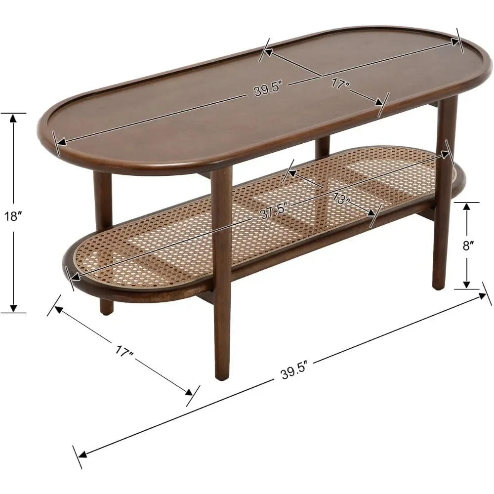 Modern Walnut Rattan Coffee Table with Storage Shelf for Living Room