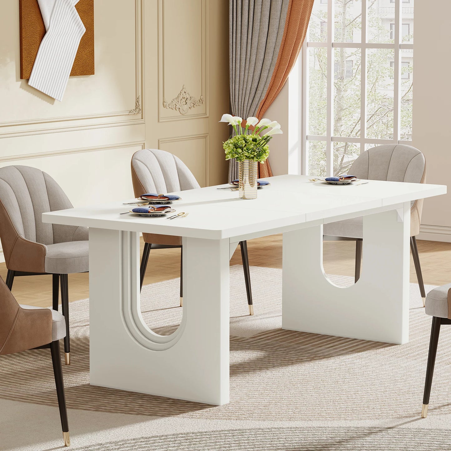 Tribesigns Modern Dining Table for 6 to 8 People with Wood Pedestal Base
