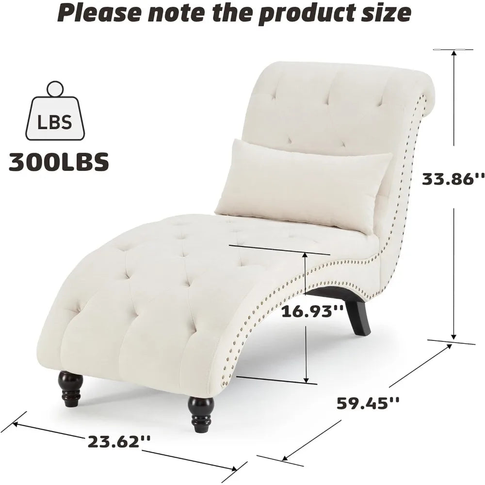 Tufted Soft Chaise Lounge Chair for Bedroom and Living Room in Beige Linen