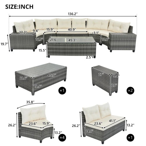 Outdoor 8-Piece Wicker Half Moon Sectional Coffee Table