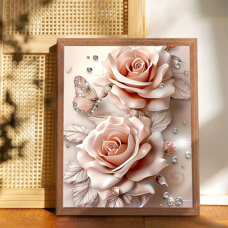 Dream Pink Rose Butterfly Diamond Canvas Wall Art for Home and Office Decor