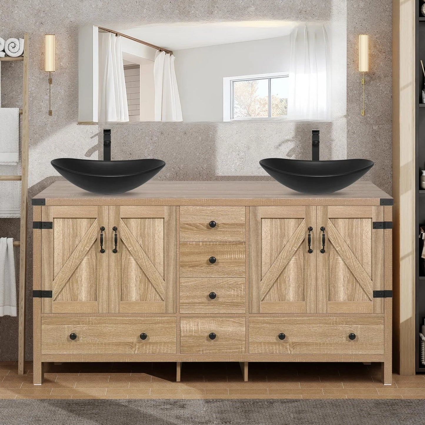 Rustic Bathroom Vanity With Two Vessel Sinks Stand
