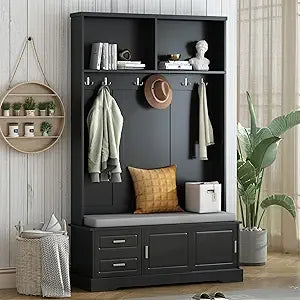 58.8 Inch Wide Hall Tree with Bench Coat Rack Hooks Drawers and Adjustable Shelves