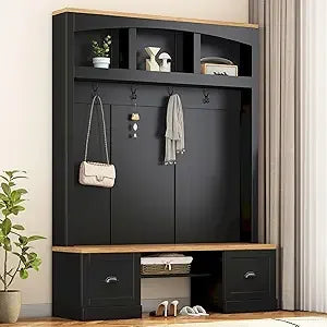 58.8 Inch Wide Hall Tree with Bench Coat Rack Hooks Drawers and Adjustable Shelves