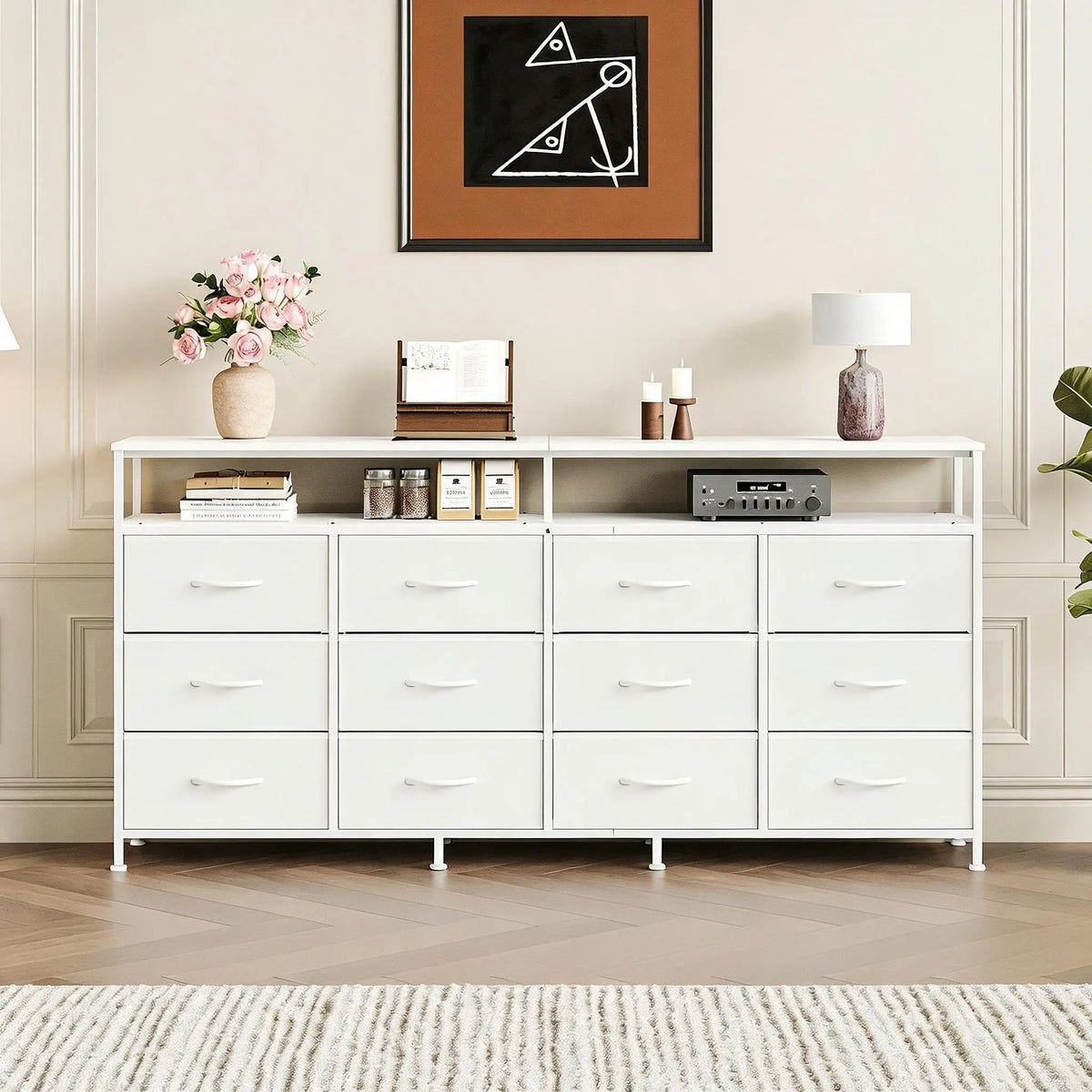HiMISS Multidrawer Storage Console With Open Compartments Steel Frame