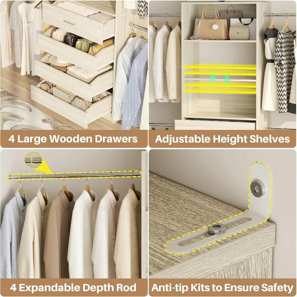 4-9Ft White Oak Closet Organizer System with 4 Wooden Drawers and Tower