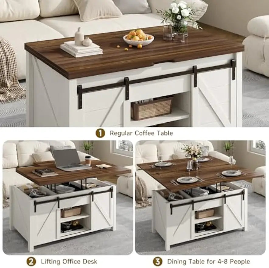 Farmhouse Lift Top Coffee Table with Sliding Barn Door and Hidden Storage