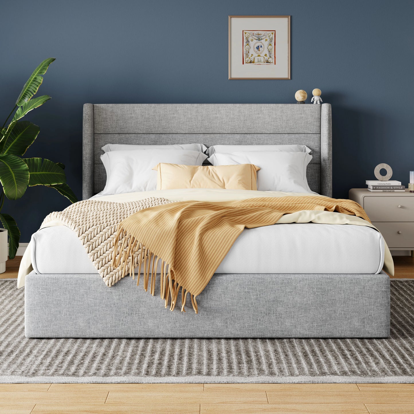 Allewie Hydraulic Lift Up Storage Bed With Wingback Headboard