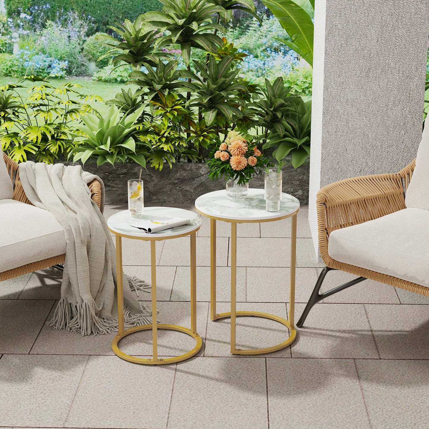 Set of 2 Modern Sintered Stone Round Accent Tables with Metal Base