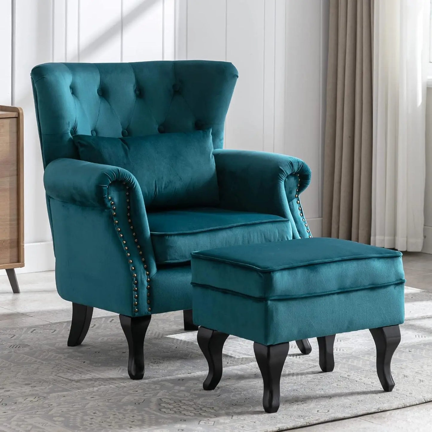 General Chair With Ottoman Wingback Tufted Linen Armchair