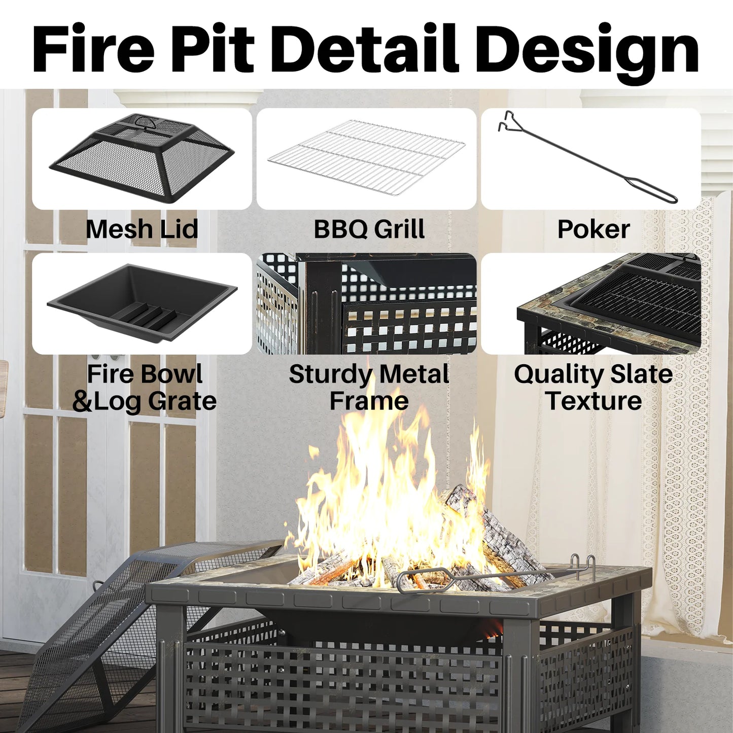 30 Inch Square Fire Pit Table with Mesh Lid and Fire Poker for Outdoor Use