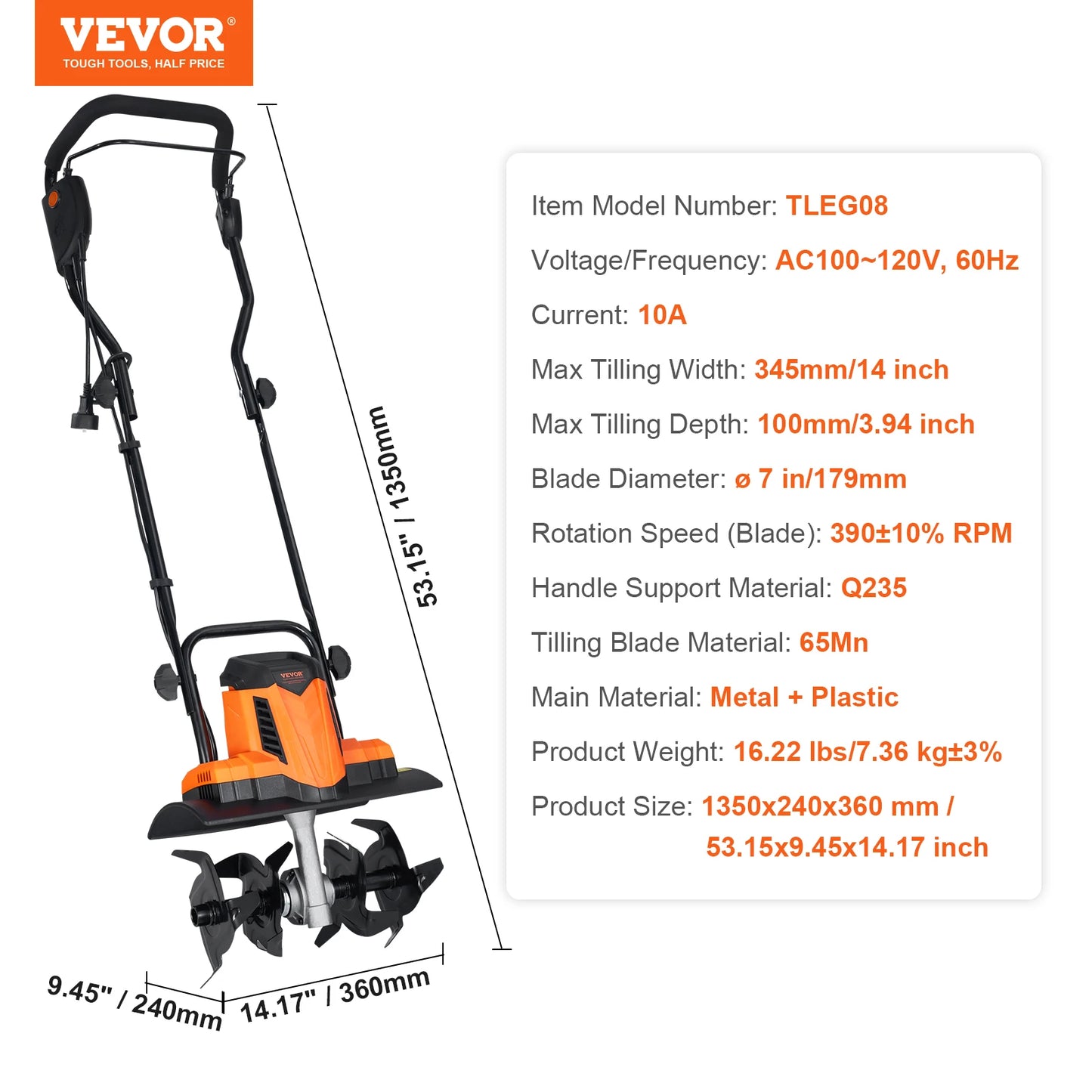 VEVOR 12 Amp Electric Tiller 18 Inch Tilling Width Corded Cultivator Machine