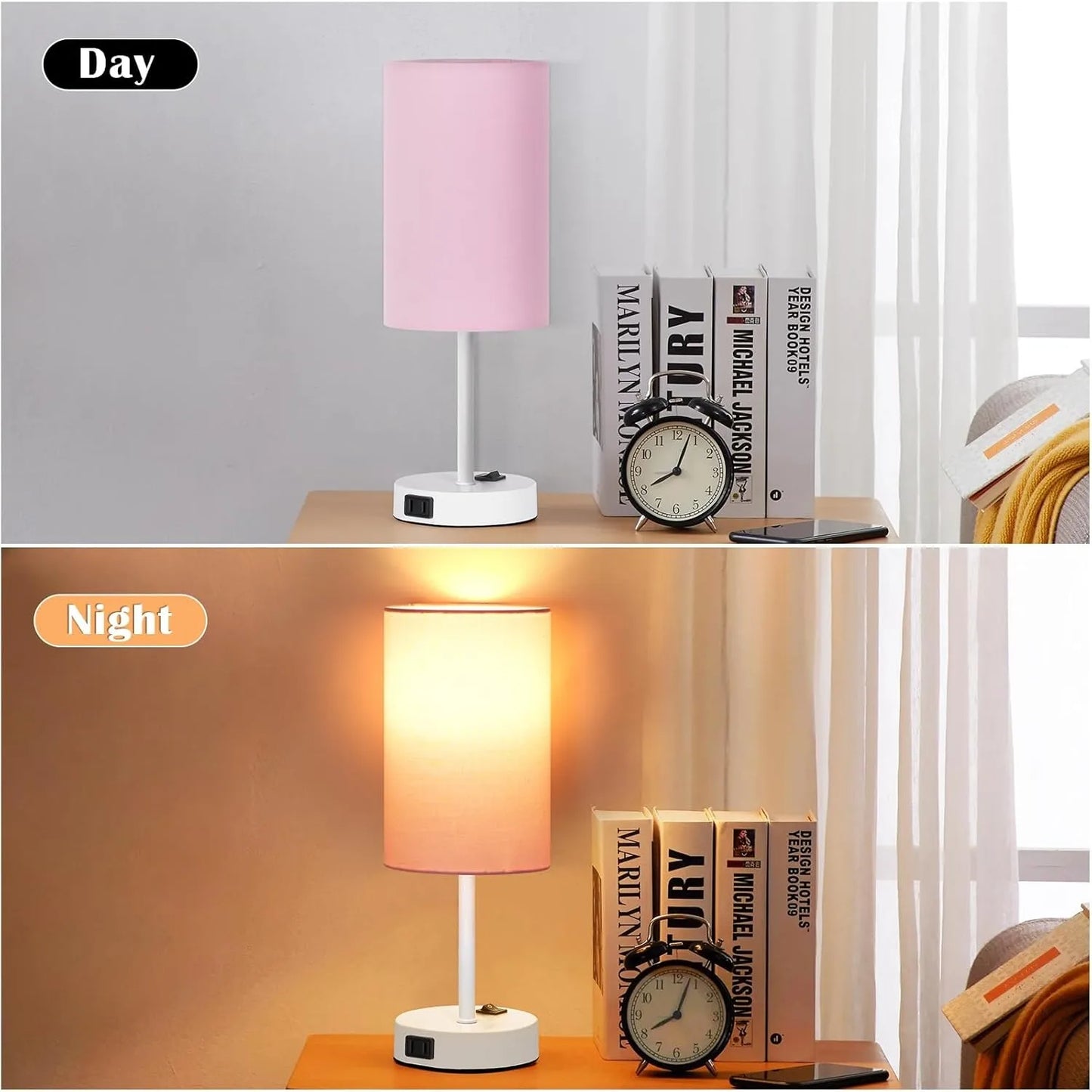 Pink Fabric Shade Nightstand Desk Lamp with White Base for Home Decor