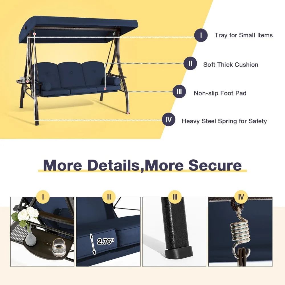 3 Person Outdoor Porch Swing Bed with Adjustable Canopy and Deep Cup Holder