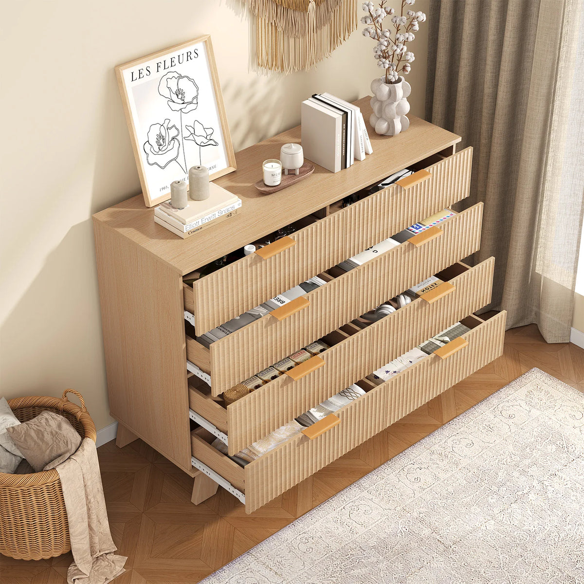 JHK Fluted Wooden Six Drawer Dresser Cabinet Storage Organizer