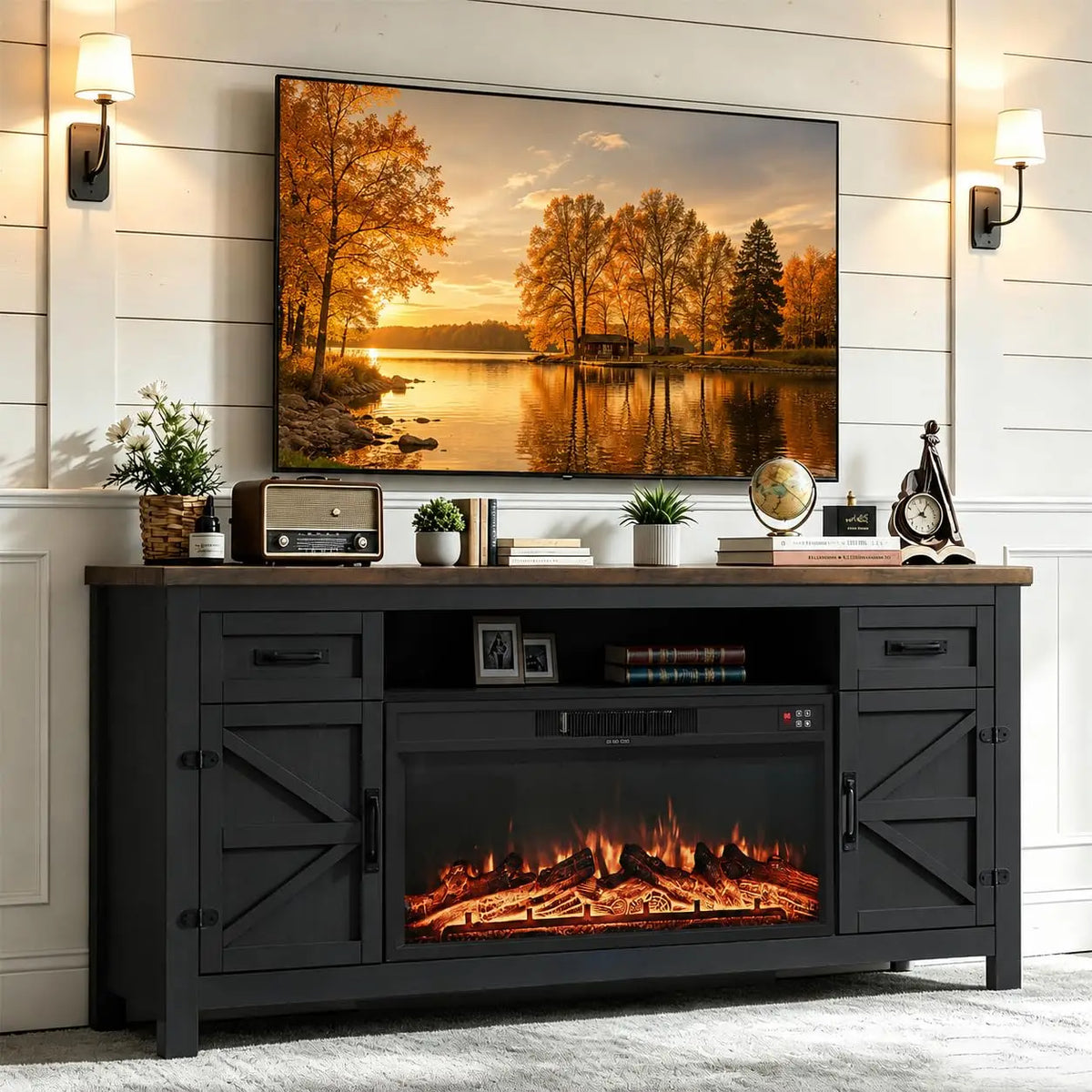 Farmhouse Fireplace TV Stand With Barn Doors And Storage