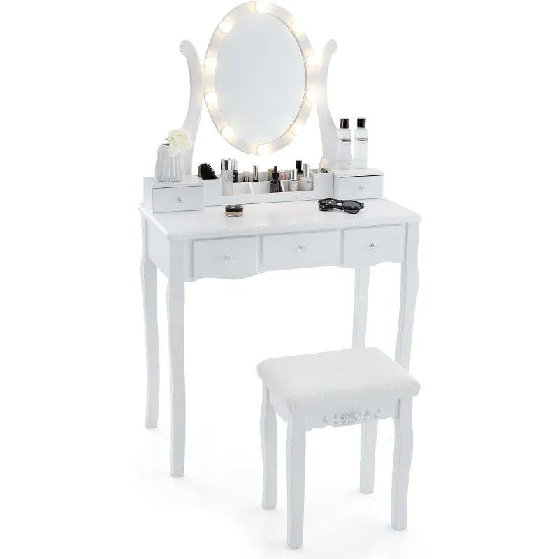 Hign-concerned Vanity Set With 10 Led Bulbs Mirror Stool