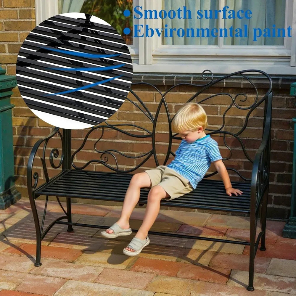 Outdoor Weatherproof Metal Garden Bench With Butterfly Backrest