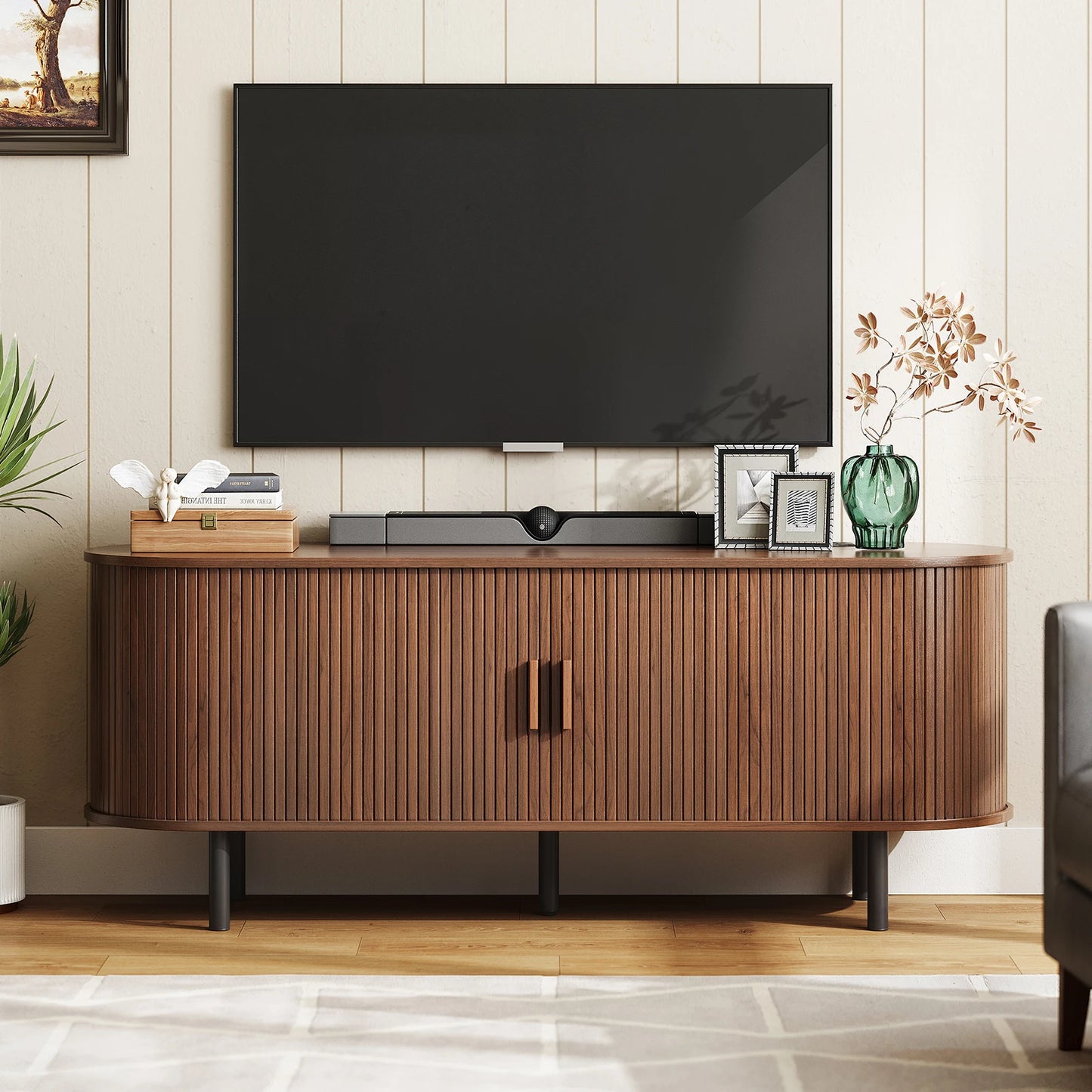 Onbrill TV Stand With Power Outlet And Sliding Doors