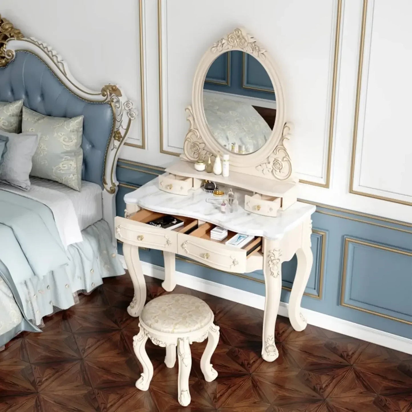 Stylish White Makeup Vanity with LED Touch Light Mirror and Cushioned Stool