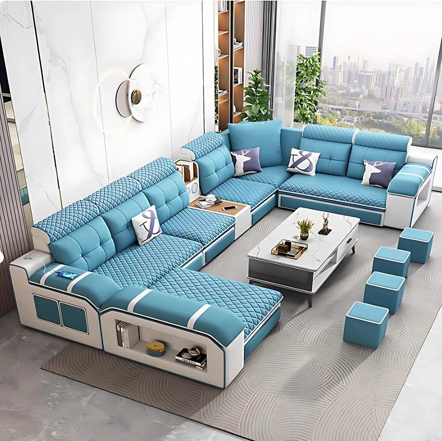 Combination Modern Faux Leather L Shaped Ergonomic Sofa Set