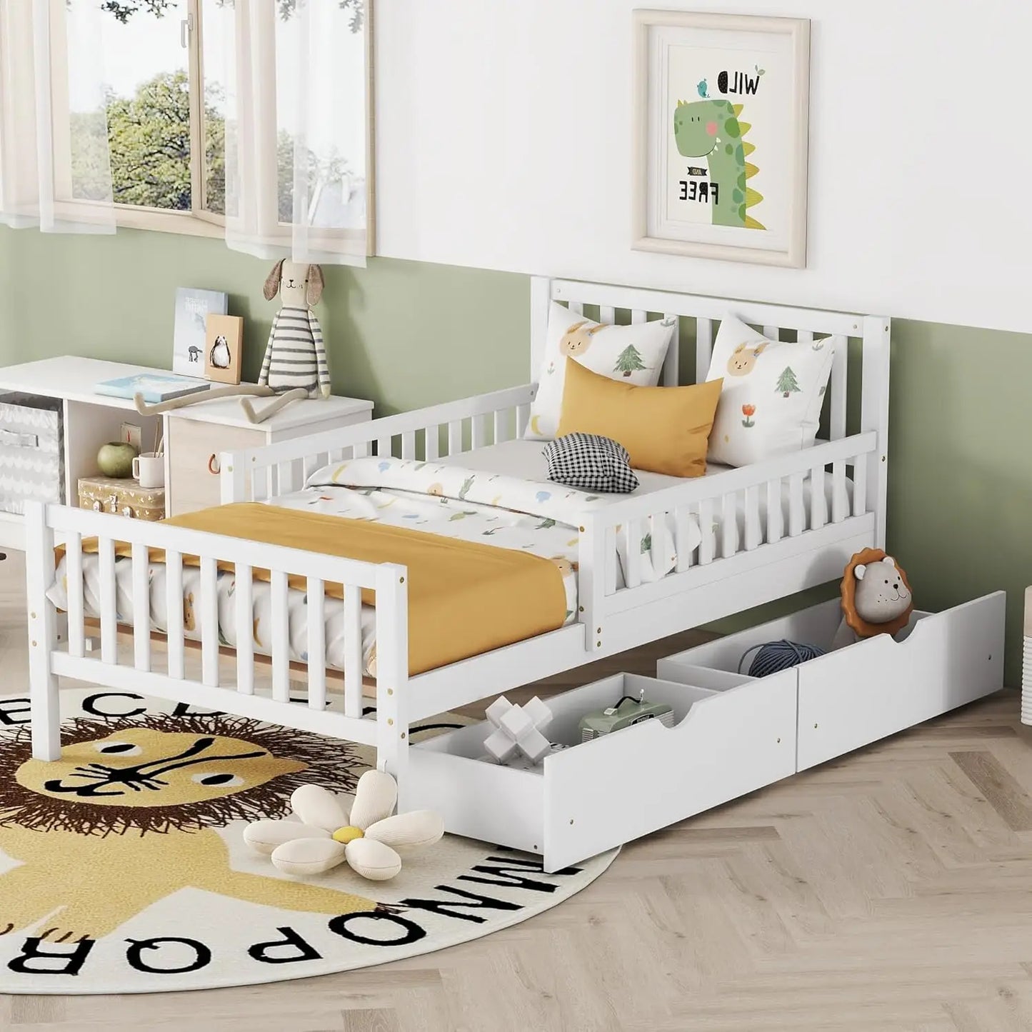 ZHUOTING Kids Storage Bed With Guardrails And Drawers