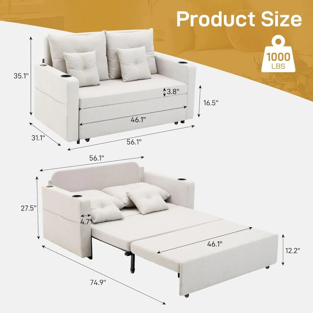 3 in 1 Convertible Sofa Bed with Storage Pocket and USB Comfy Loveseat