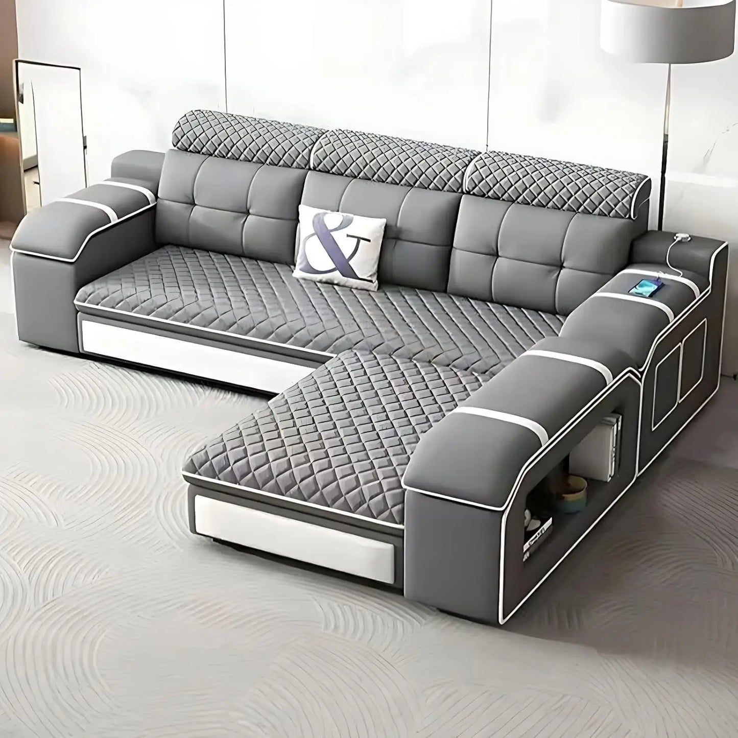 Combination Modern Faux Leather L Shaped Ergonomic Sofa Set