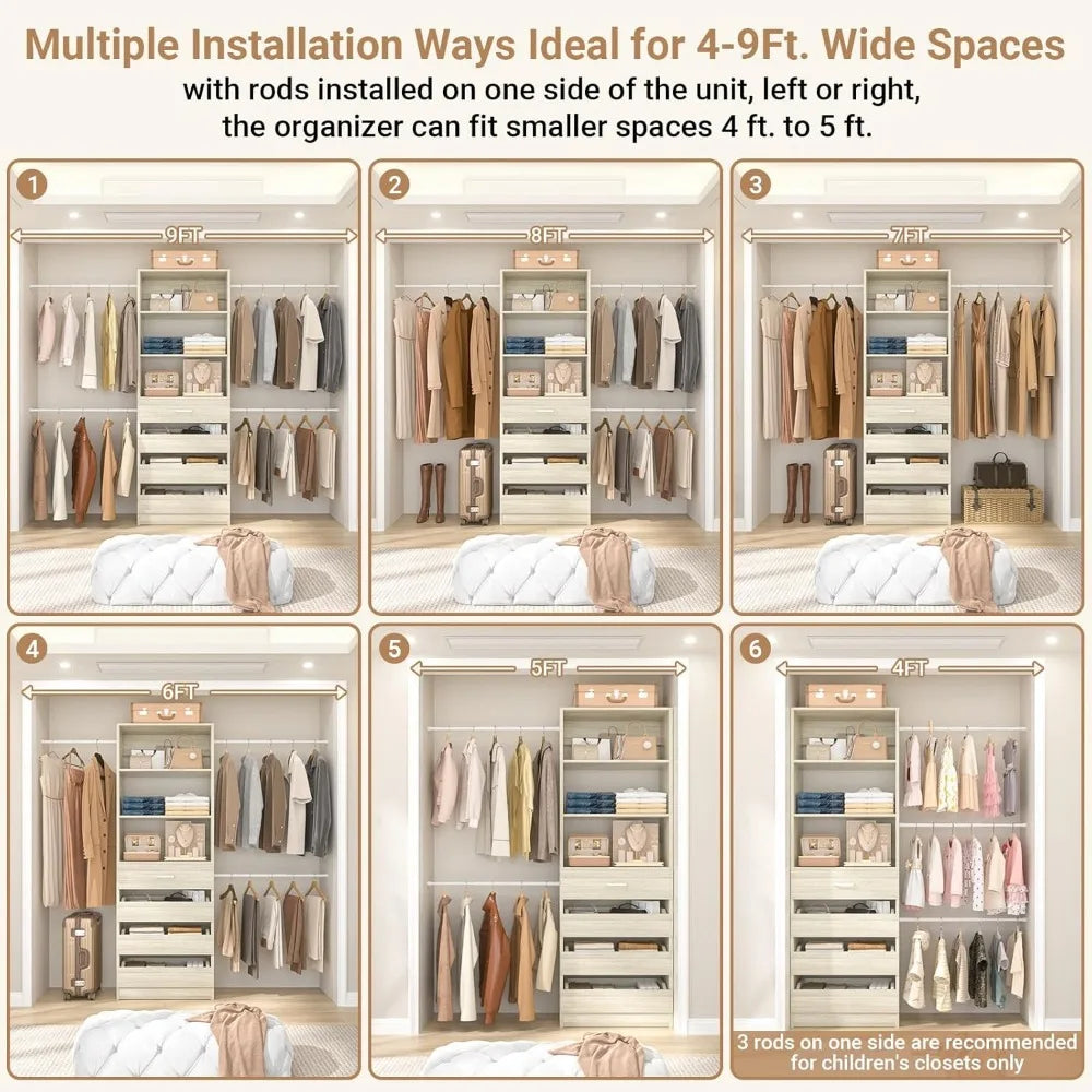 4-9Ft White Oak Closet Organizer System with 4 Wooden Drawers and Tower