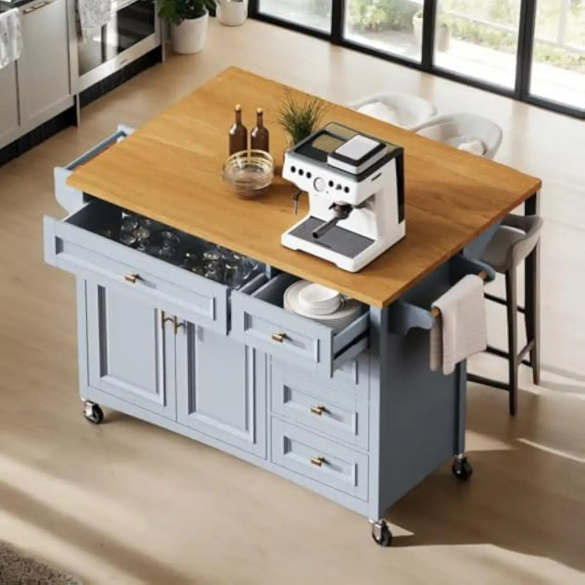 Mobile Kitchen Island With Drop Leaf Countertop, Drawer Storage