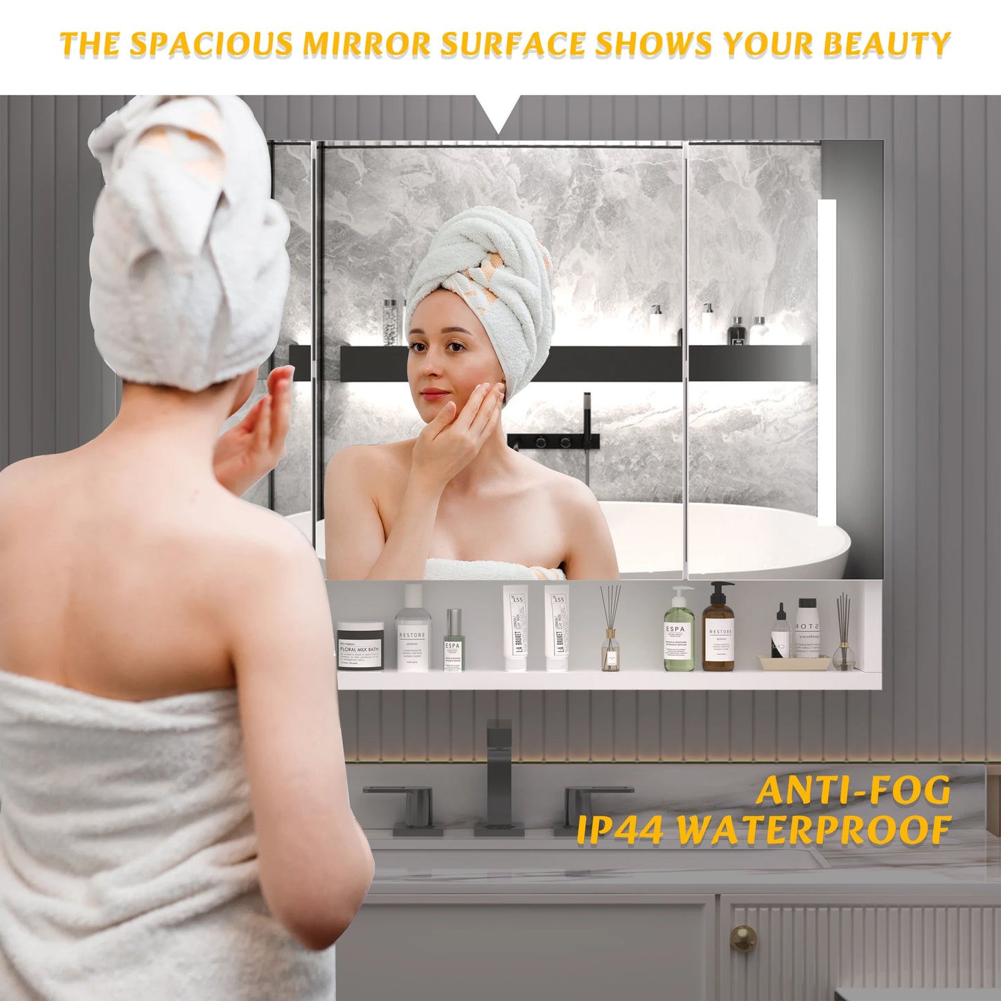 Modern 39x28 Inch Bathroom Cabinet with Mirror LED Lights and Storage Compartments
