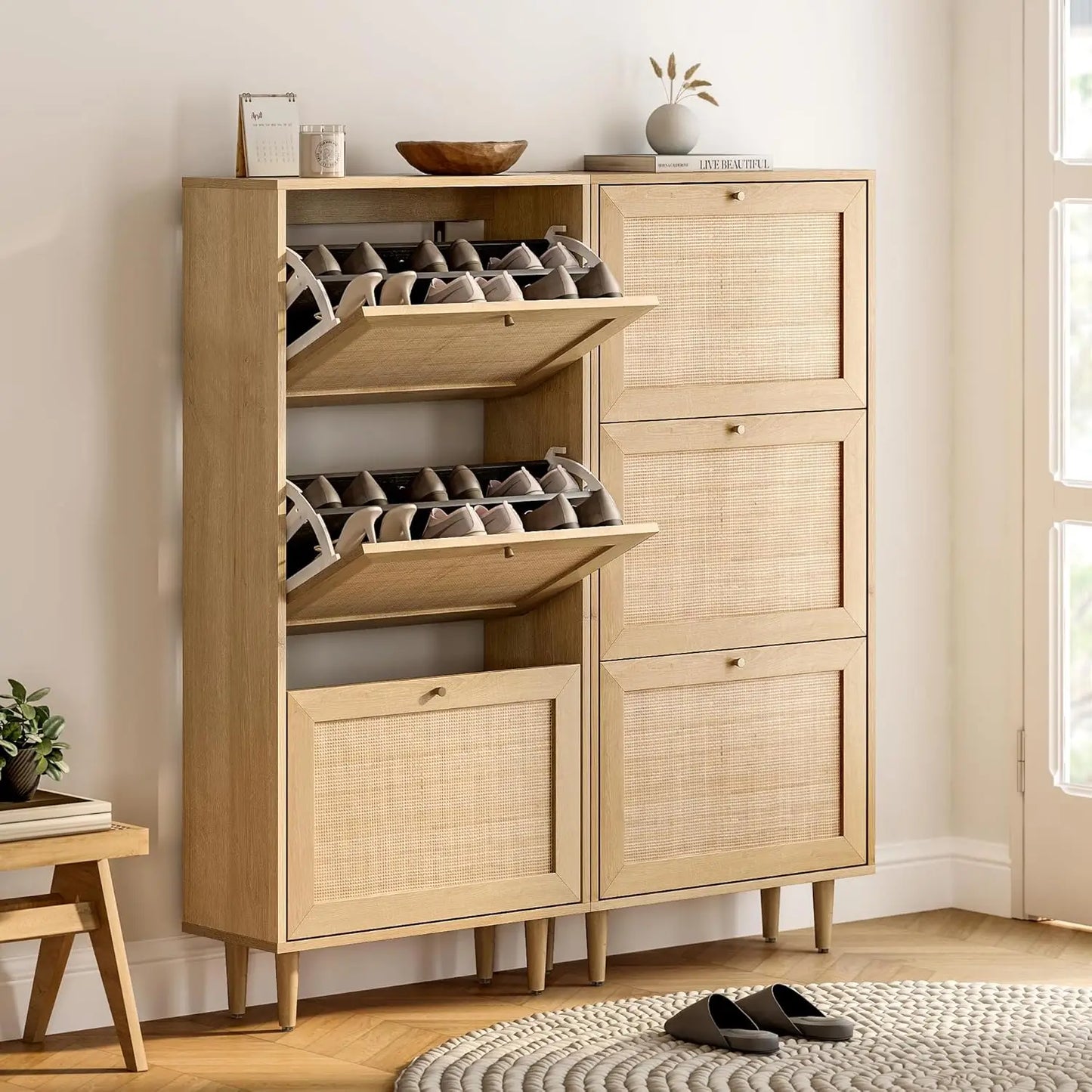 ANGDUO Rattan Shoe Cabinet Set With Flip Drawers Freestanding