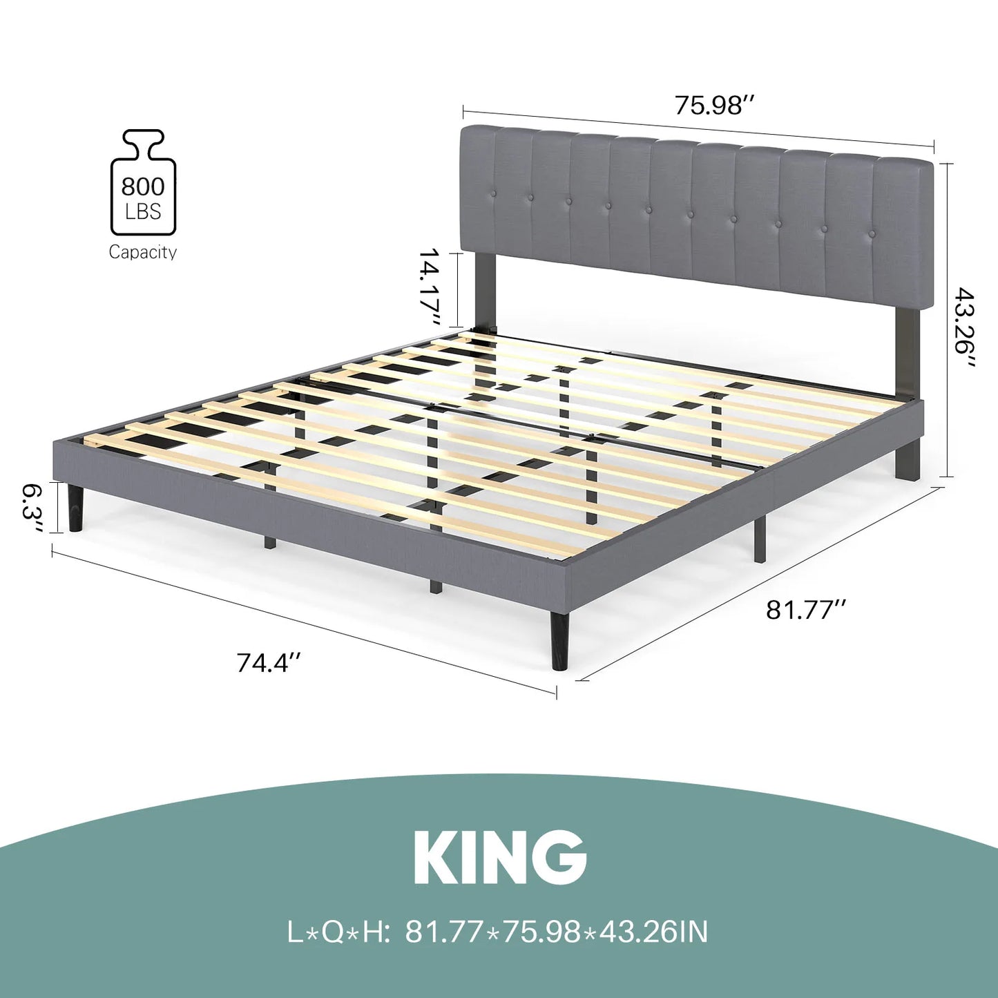 JHK King Wooden Bed Frame With Fabric Upholstered Slats