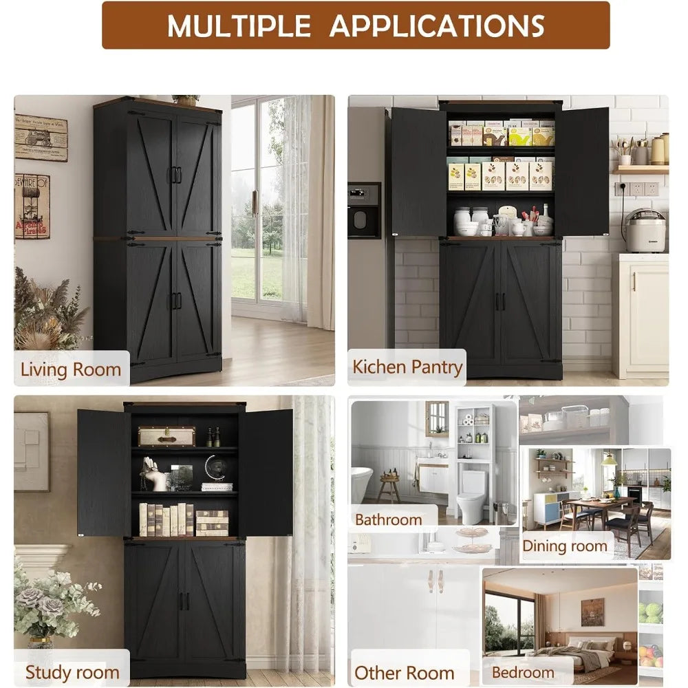 71 Inch Tall Farmhouse Pantry Cabinet with Adjustable Shelves and Steel Pipe