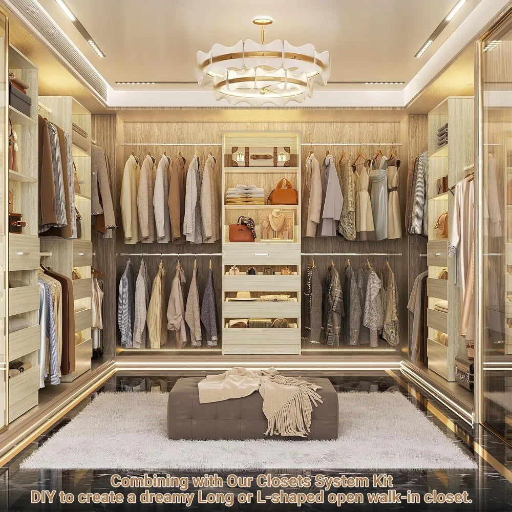 4-9Ft White Oak Closet Organizer System with 4 Wooden Drawers and Tower