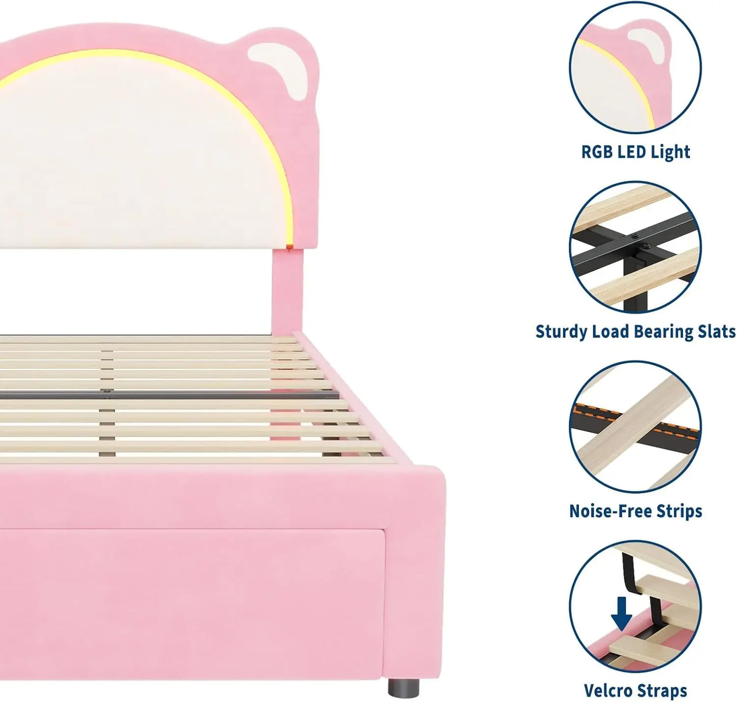 Twin LED Bed Frame With Storage And Bear Headboard
